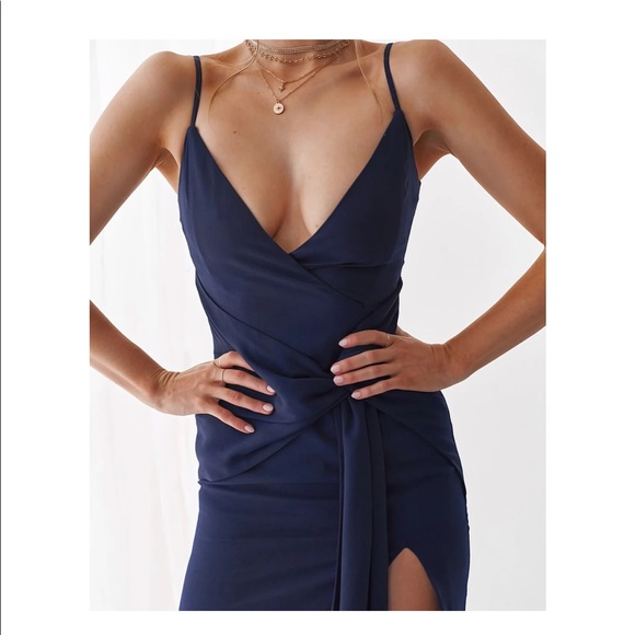 Navy blue Midi dress with slit and tie - Picture 4 of 7